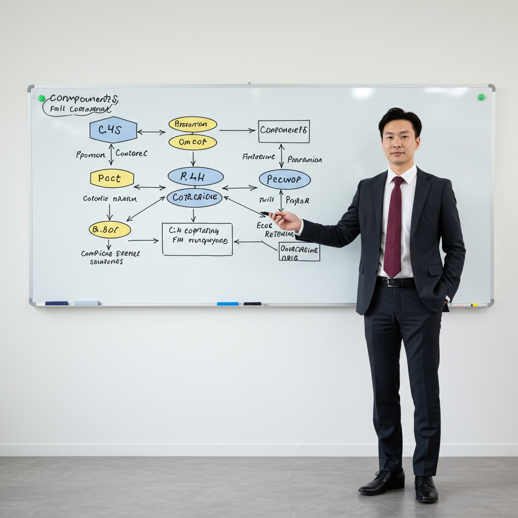 Man in a suit standing in front of a whiteboard with a C4 diagram
